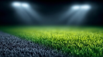Fototapeta premium Sports stadium grass pitch with floodlights at night close up view green