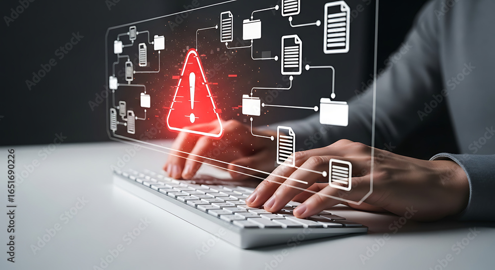 Aufkleber typing on keyboard with security warning icon