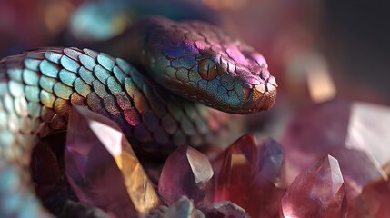 Obraz premium A rainbow-scaled serpent wrapped around an ancient floating crystal 