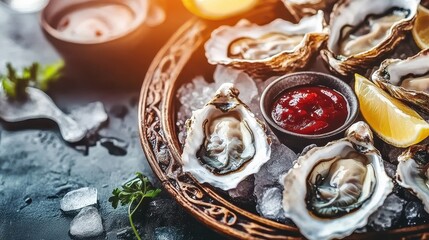 Fototapeta premium Fresh Oysters on Ice with Lemon Wedges and Sauce on Plate