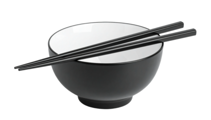 Black and white empty deep bowl with chopsticks. Asian cuisine. Modern vector for design on transparent background.