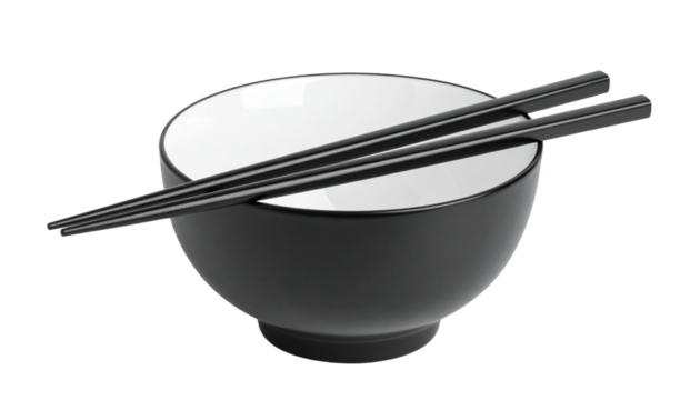 Black and white empty deep bowl with chopsticks. Asian cuisine. Modern vector for design on transparent background. - Powered by Adobe
