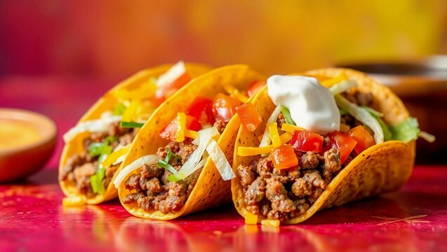 cheese tacos hard shell taco beef taco Mexican food crispy taco lettuce tomato sour cream tortilla
