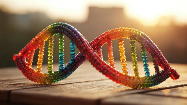 Colorful DNA Model Made of Beads Against Sunset Background - Powered by Adobe