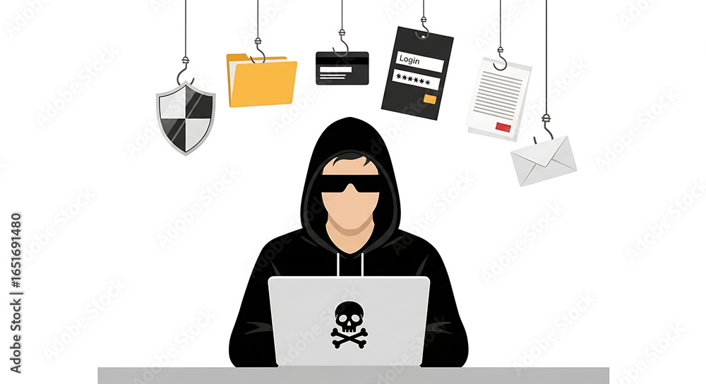 Poster hacker using laptop with phishing icons above