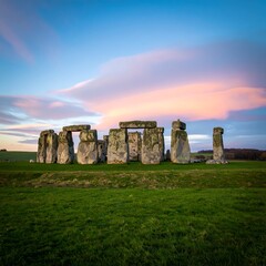 Ancient stone circle at sunset,  lush green field foreground, pastel sky