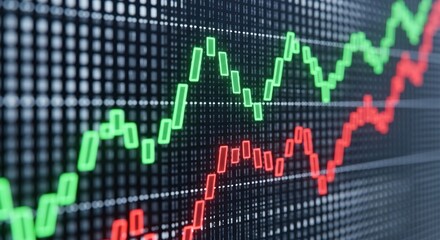 An abstract stock market chart with green and red lines indicating trends, perfect for illustrating financial growth, investment, and business strategies