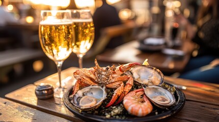 Fototapeta premium Fresh Seafood Platter with Champagne at Sunset Dining Experience
