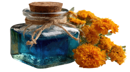 Serene Aromatherapy: A charming glass apothecary jar is elegantly placed near vibrant orange flowers and leaves with rustic elements and hints of serenity. 