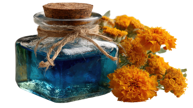 Serene Aromatherapy: A charming glass apothecary jar is elegantly placed near vibrant orange flowers and leaves with rustic elements and hints of serenity. 