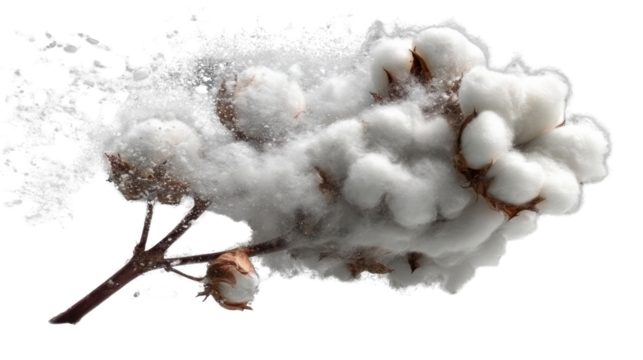 Delicate Cotton Blossom on Branch: A close-up shot of a cotton branch, capturing the delicate texture of cotton fibers blossoming, conveying purity, and natural softness. 