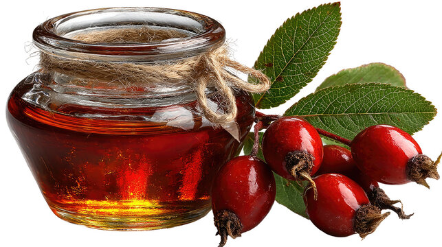 Rosehip Oil and Berries: A close-up shot of rosehip oil in a glass jar, accompanied by fresh rosehips and green leaves, a natural and vibrant display of organic wellness.