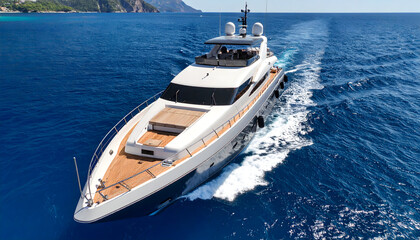 Fototapeta premium Luxury Motor Yacht Sailing Across Bright Blue Sea Creating White Waves Under Sunny Sky