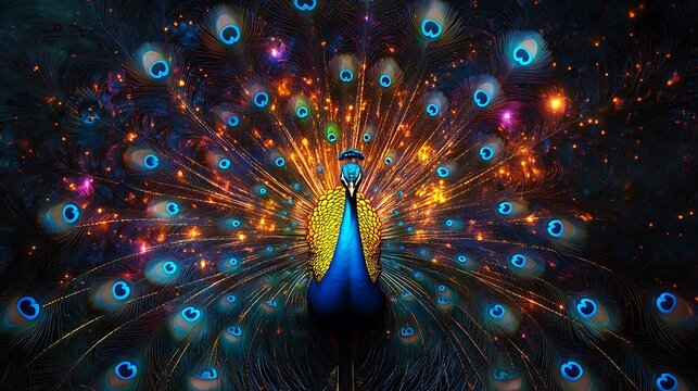 A peacock with feathers made of illusion and shifting light