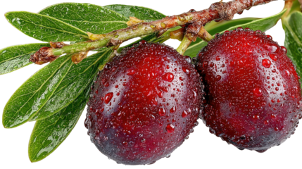 Juicy Berries: Capturing the vibrant freshness of two succulent, ripe red berries, glistening with droplets of water, nestled amongst fresh green leaves on a natural branch.