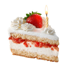 Delicious strawberry cake slice with lit candle, perfect for celebrations and sweet moments