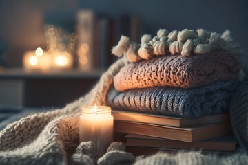 Stack of books covered with knitted blankets, illuminated by a lit candle, creating a cozy and warm atmosphere.