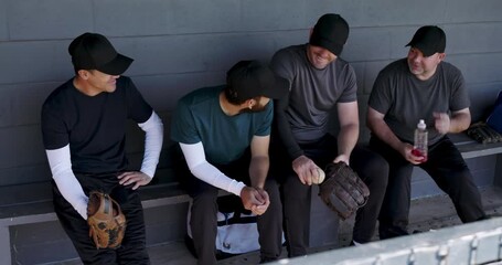Diverse teammates tossing ball on dugout bench as fourth man reaching for sports drink waiting turn