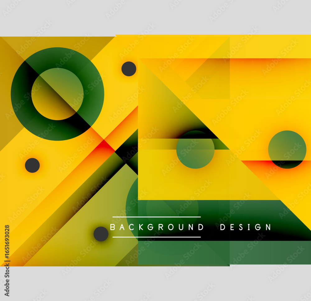 Poster abstract geometric design. yellow, green gradients create dynamic shapes. circles, rectangles overla