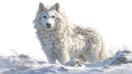 Obraz premium Majestic Arctic Wolf with piercing blue eyes with standing proud in snowy landscape.