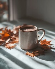 A cozy mug of hot chocolate sits on a bed with autumn leaves scattered around, bathed in soft, natural light. The scene evokes a warm, autumnal atmosphere.