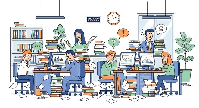 Overworked office employees are stressed and overwhelmed by excessive paperwork and deadlines, illustrating a high-pressure and stressful work environment.

