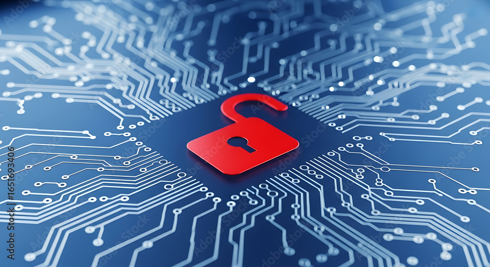 Poster open padlock on a circuit board background