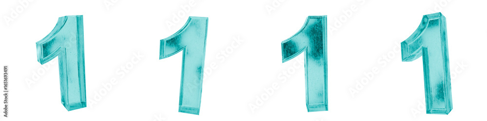 Poster set of 4 3d blue frosted ice glass of number 1 shapes isolated on a transparent background. 3d eleme