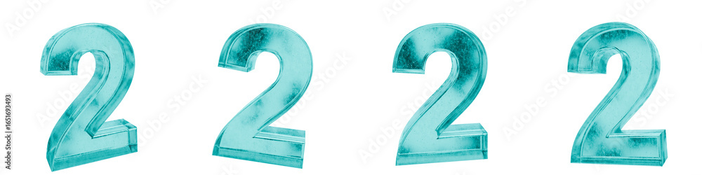 Poster set of 4 3d blue frosted ice glass of number 2 shapes isolated on a transparent background. 3d eleme