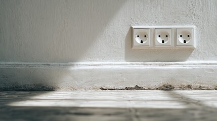 Three white electrical outlets mounted on a textured wall above a skirting board