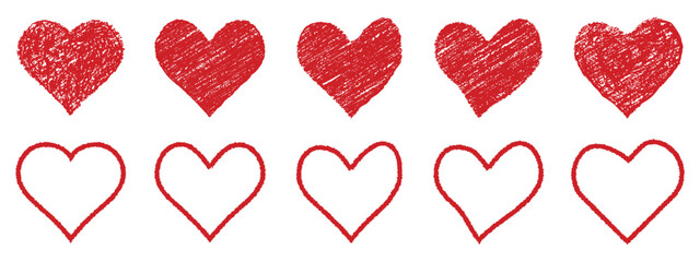 Red crayon heart collection with textured effect - vector hand drawn romantic shapes in sketch style showing different strokes and filling patterns. Scribble love symbols for valentine designs.