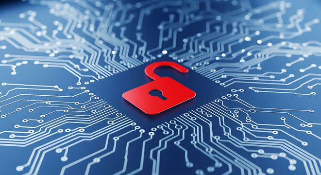 Open padlock on a circuit board background