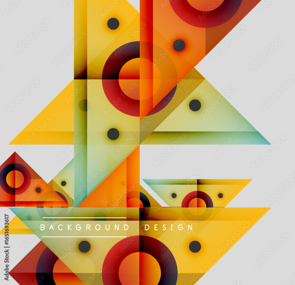 Poster abstract geometric shapes overlap, creating vibrant colorful design. circles, triangles, rectangles 