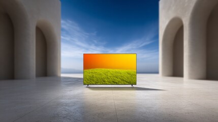 Sleek modern television screen displays a vibrant landscape scene against a clear blue sky