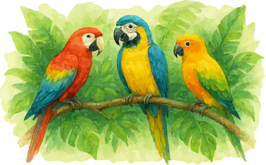 Watercolor Bird Illustration Collection – Hand Painted Birds on Branches with Leaves, High Resolution, Transparent