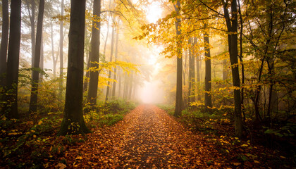 Obraz premium Autumnal Forest Path Leading Into Sunlight Surrounded By Tall Trees and Fallen Leaves in Golden Hues