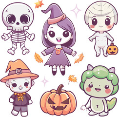 Cute Halloween characters vector pack with ghost, pumpkin, witch, vampire, skeleton and mummy cartoon set