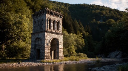 Naklejka premium Ancient stone tower surrounded by lush greenery and river scenery