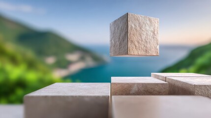Stone blocks positioned in a stepped formation against a blurred backdrop of coastal hills and ocean