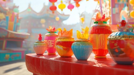 Fototapeta premium Colorful Festive Lanterns and Decorative Jars for Celebration Scene