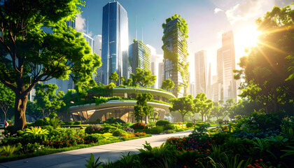 Fototapeta premium Scenic View of a Lush Green City Park with Modern Architecture and Buildings Under Bright Sunlight