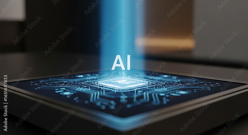 Poster illuminated ai text with circuit board design and blue light beam on a dark background surface