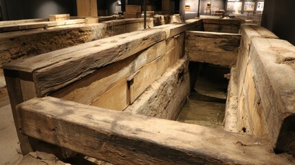 Ancient Wooden Structure in Archaeological Museum Exhibit