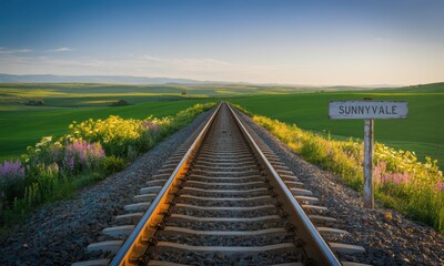 Obraz premium Railroad tracks through a green countryside landscape at sunrise