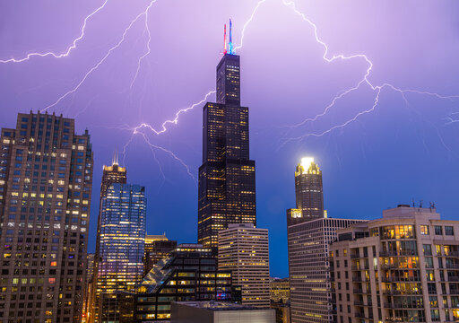 Lightning Storm Over Chicago Skyline with Willis Tower at Night
