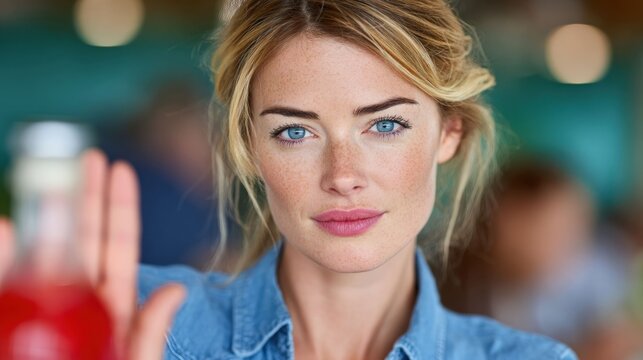 Woman holds out hand,  red bottle in focus