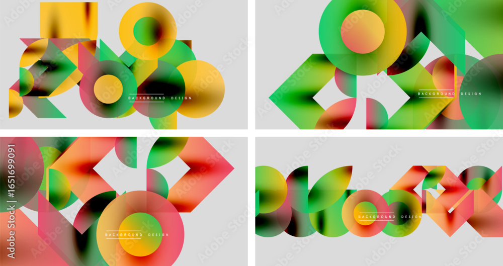 Poster abstract geometric patterns. colorful overlapping shapes create modern designs. backgrounds feature 