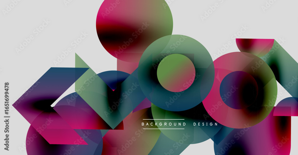 Poster abstract geometric shapes overlap, creating vibrant color gradients. modern design elements suggest 