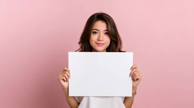 Young woman holding a blank sign in front of a pink background