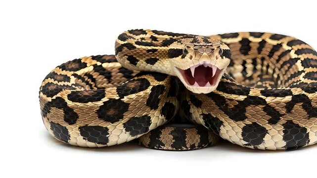 Aggressive Python Snake Coiled with Open Mouth Displaying Fangs and Patterns